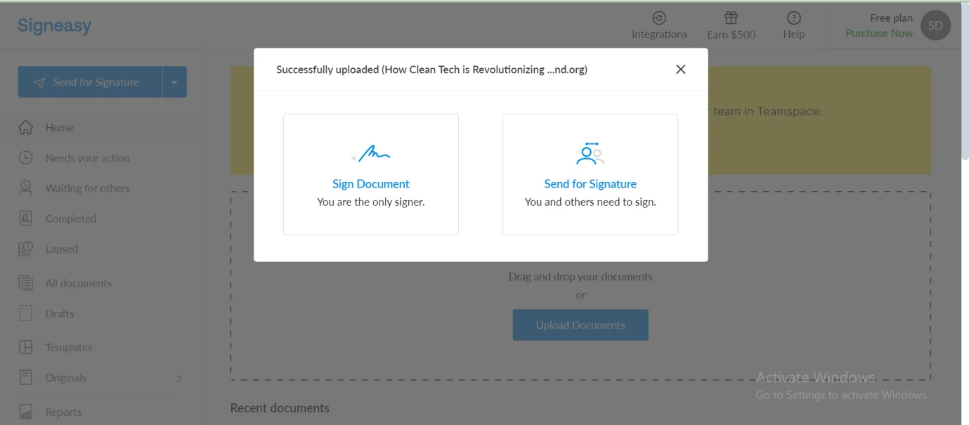 Screenshot of the Sign Easy desktop application showing two prominent options: 'Sign Document' and 'Send for Signature.' The interface allows users to either sign a document themselves or send it to others for signatures.