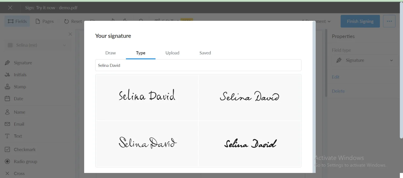 Screenshot of the Sign Easy desktop application showing different signature options to choose from. The interface displays various methods, such as drawing a signature, typing a signature, or uploading an image. Options for customizing the signature style and confirming the selection are visible on the screen.