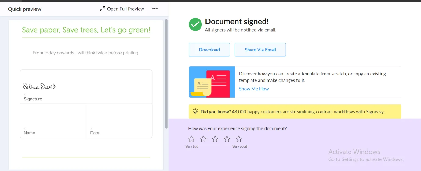 Screenshot of the Sign Easy desktop application showing the 'Download the Signed Contract' page. The screen provides options to download the signed document or share it via email. Buttons for downloading the file and sharing it with others are clearly visible, along with details about the signed contract.