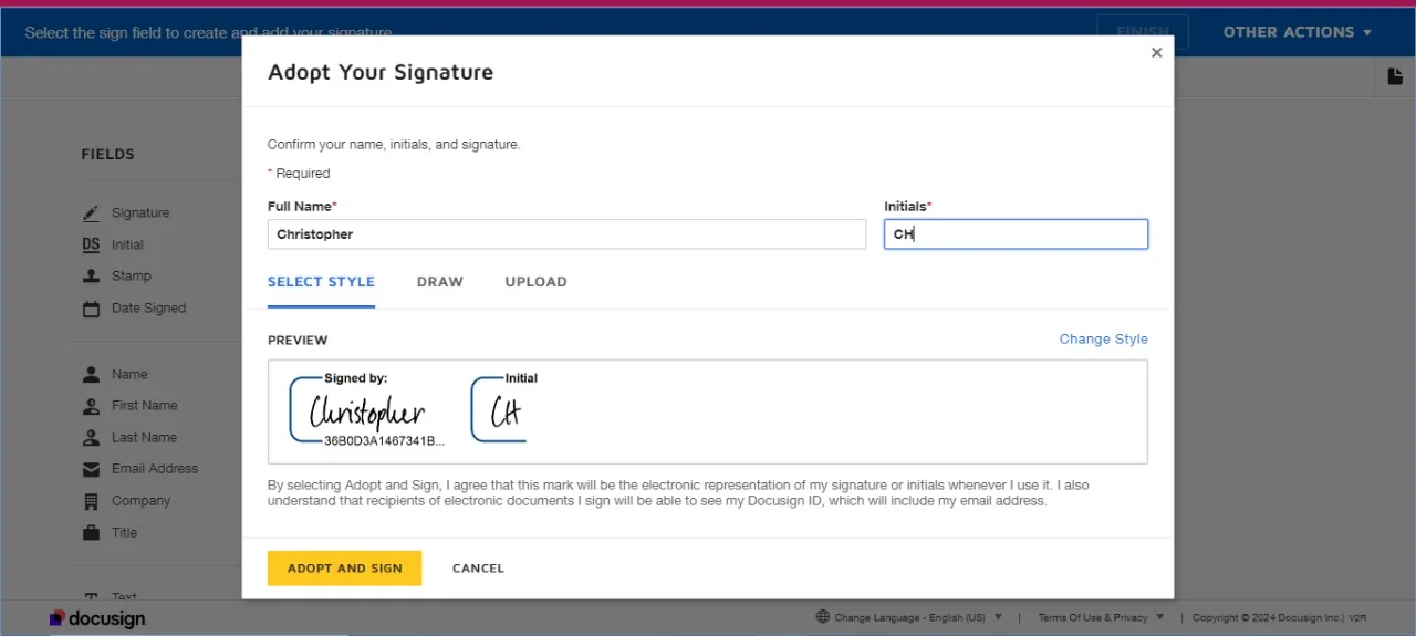 docusign’s signature window