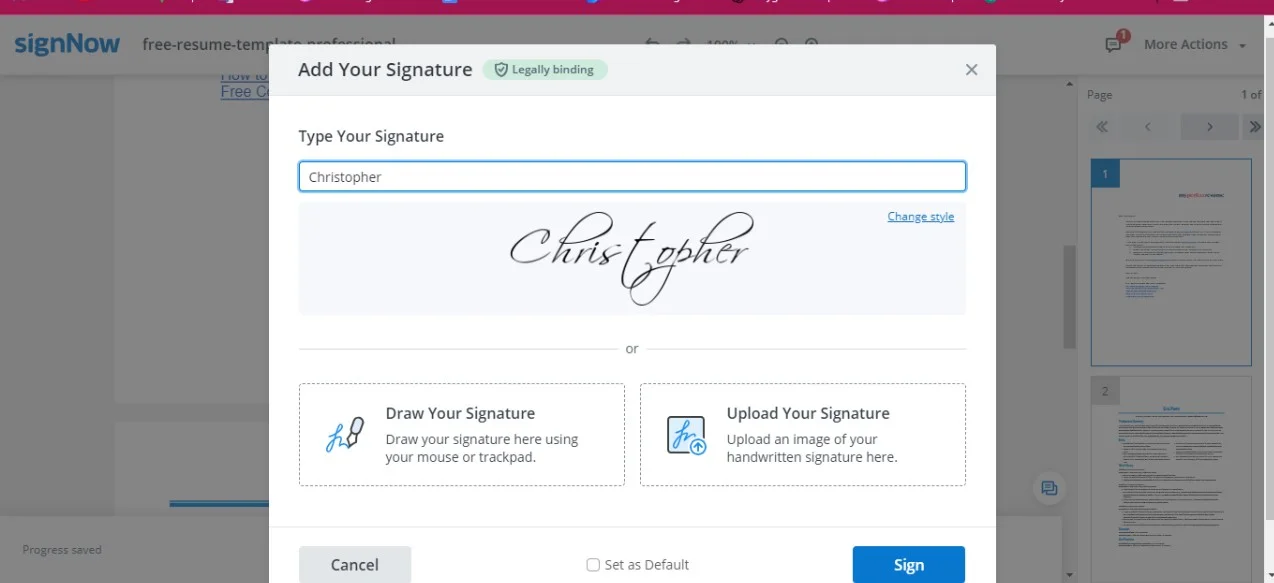 sign now’s signature window