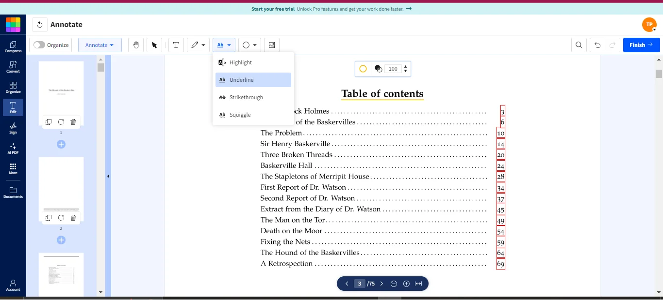 locating the underline feature in small pdf