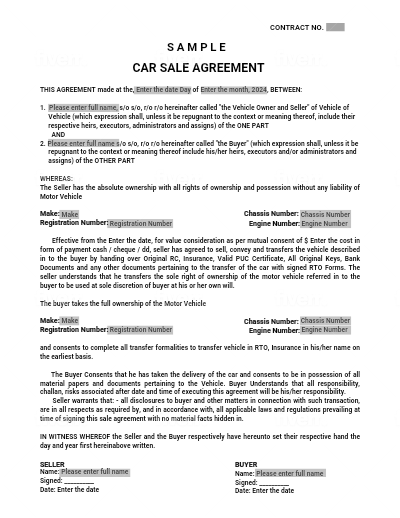 Car Sale Agreement Template