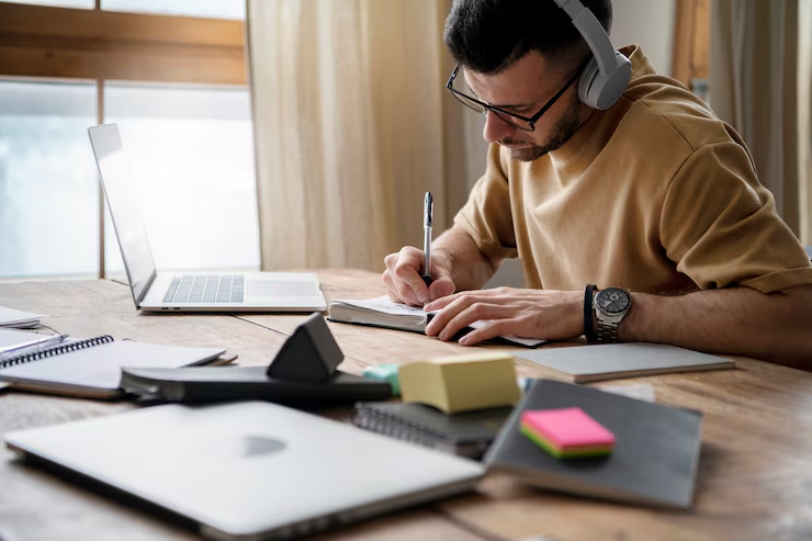 A young man writing on a notebook during study session