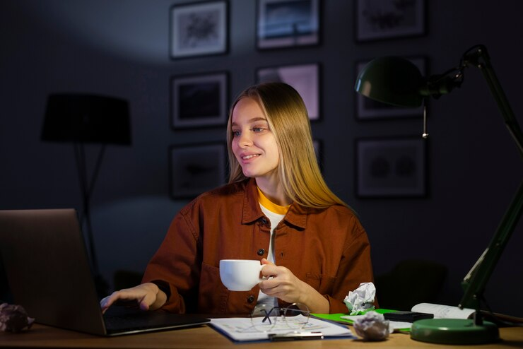 Blonde woman working from home