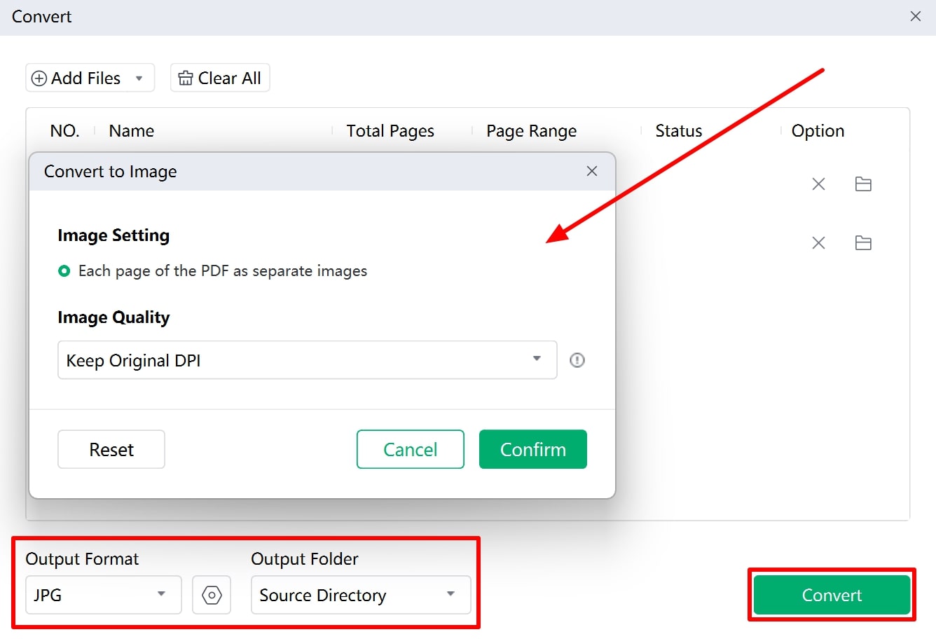 set output settings and convert