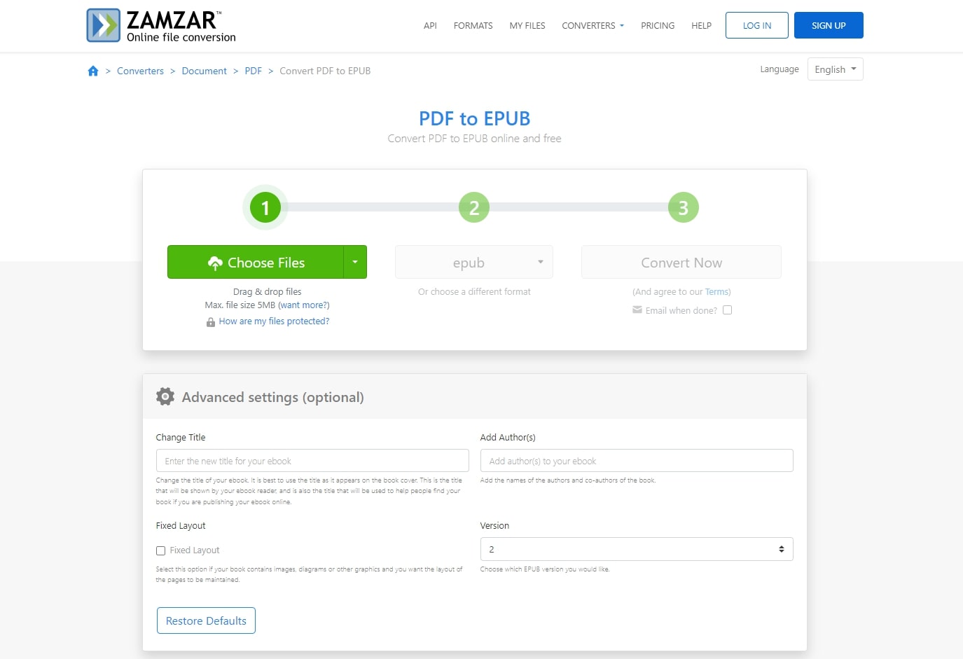 zamzar pdf to epub converter