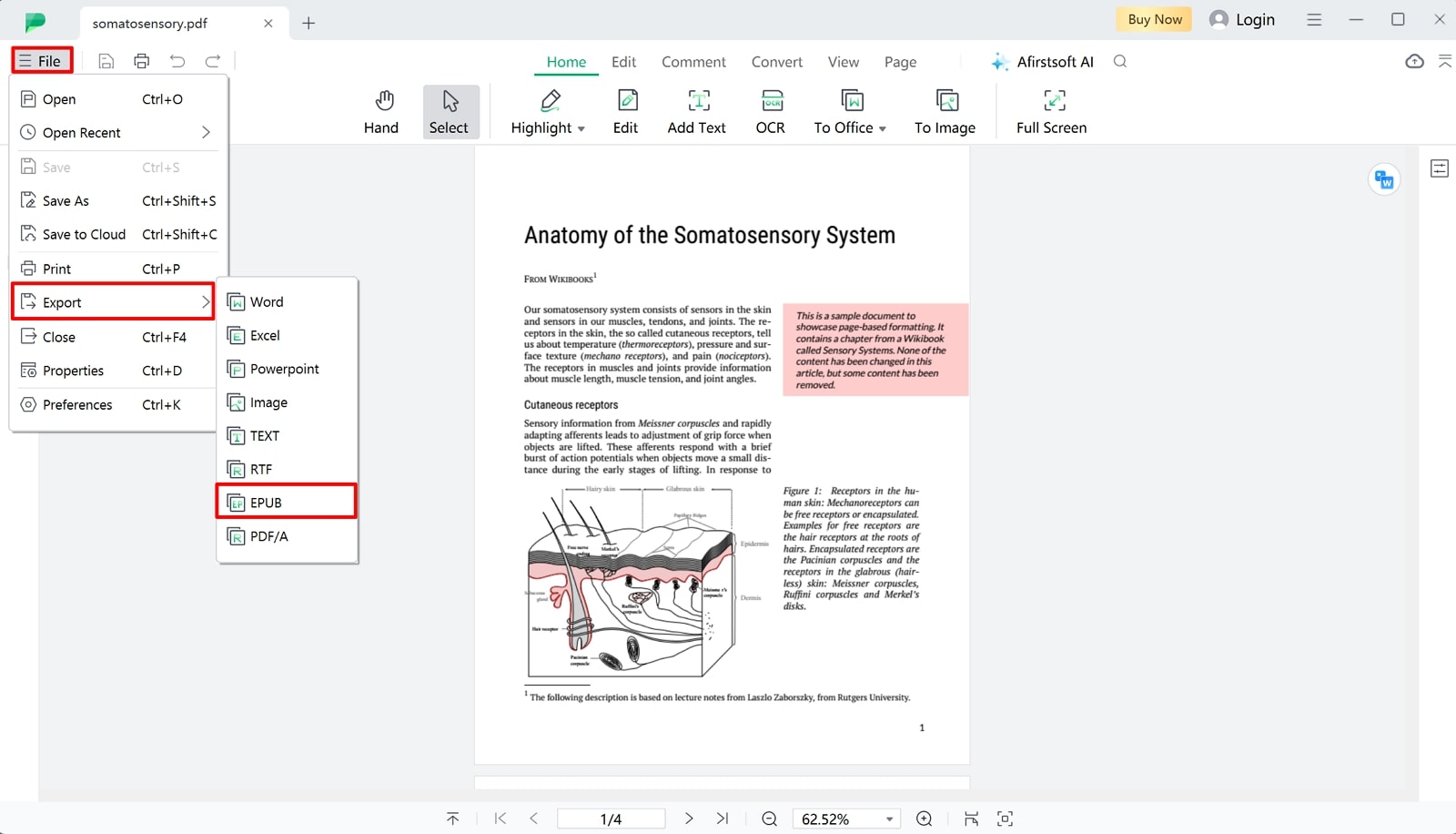 proceed to export pdf to epub