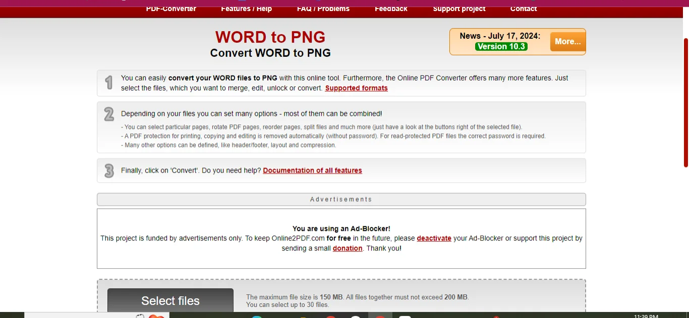 online2pdf’s word to png converter tool