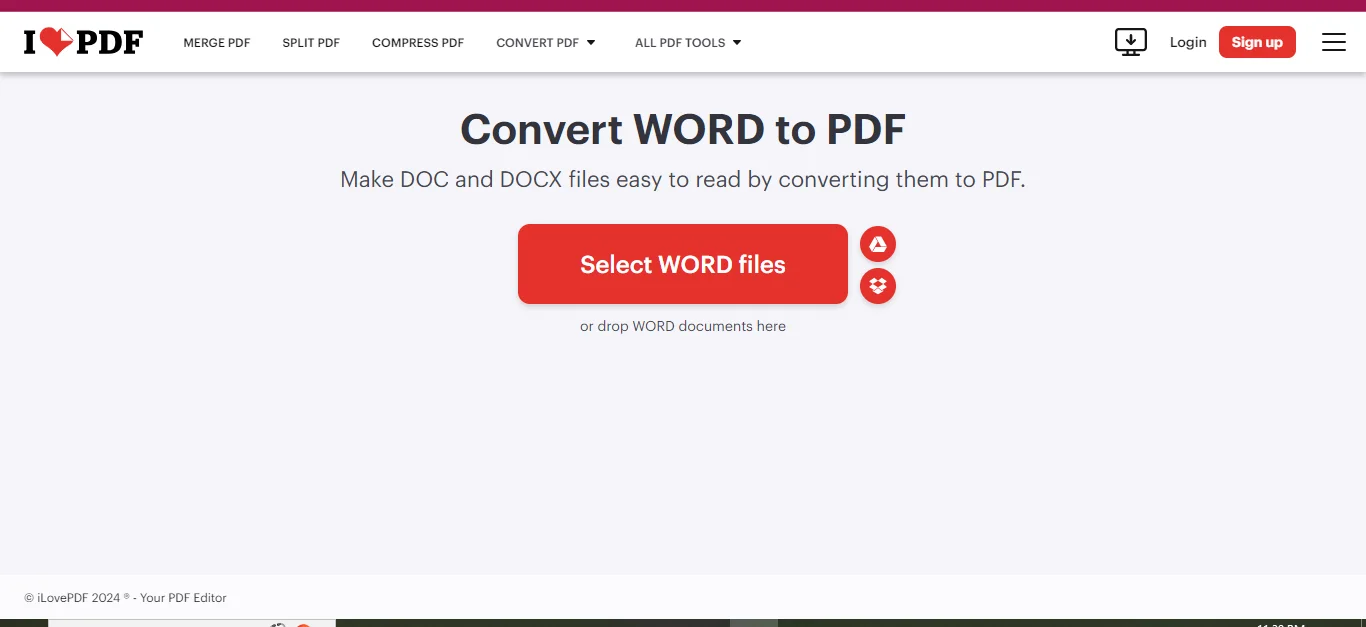 ilovepdf’s word to pdf converter tool