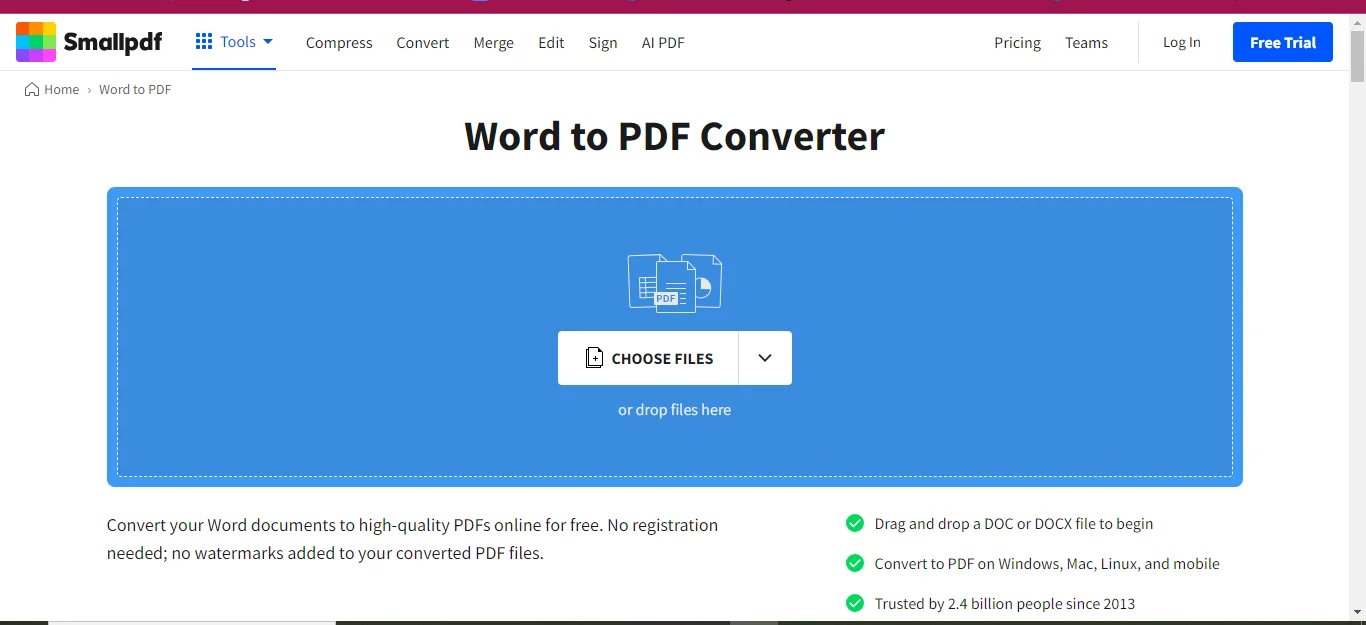 smallpdf’s word to pdf converter tool