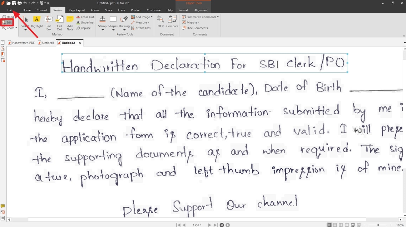 start editing the handwritten document