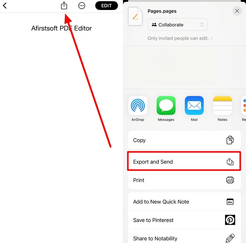 tap export and send option