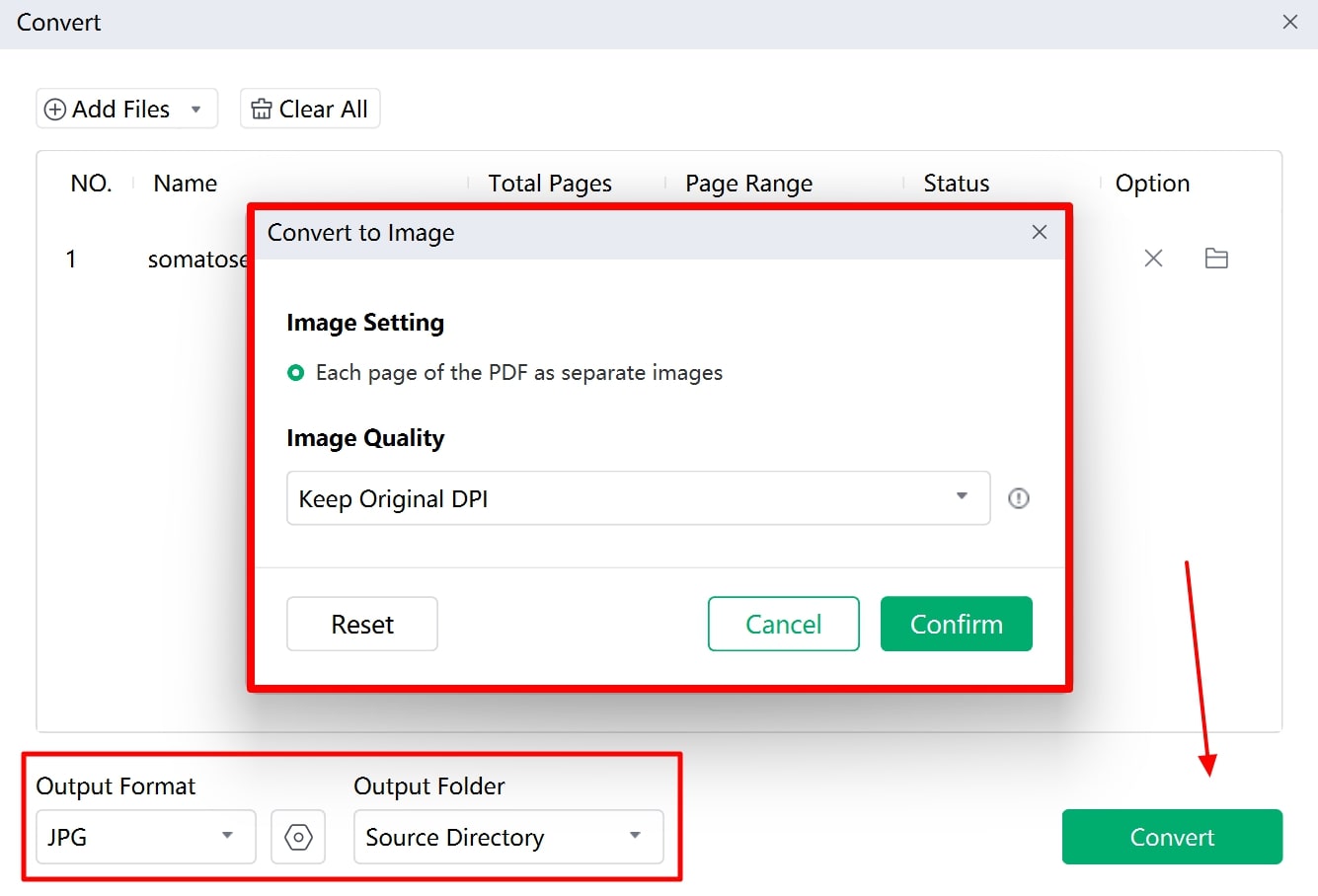 set image conversion parameters and execute