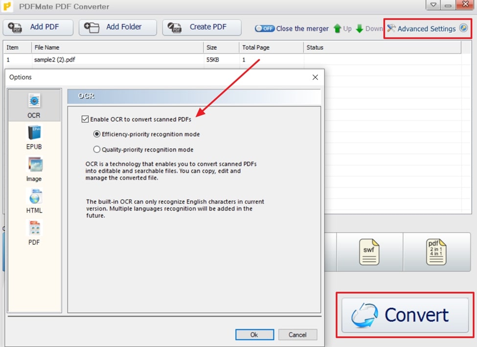 define advanced ocr settings and convert