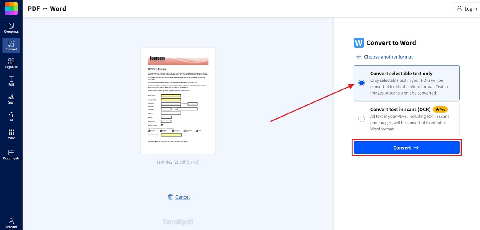 set ocr settings and convert