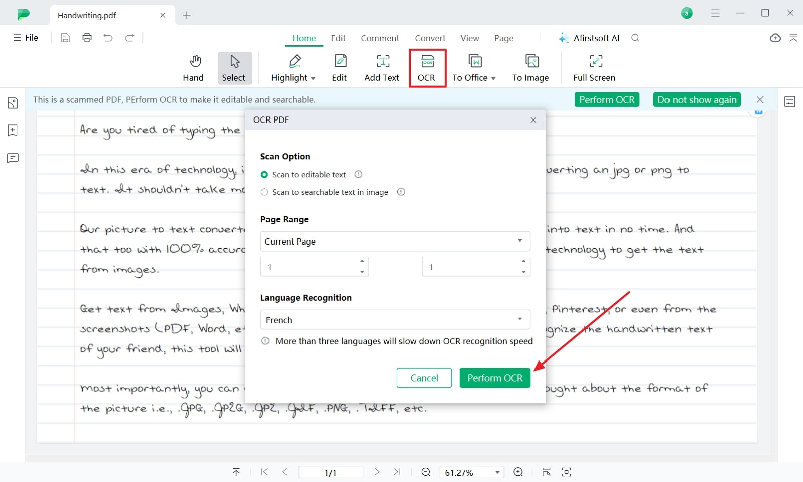 perform ocr on afirstsoft