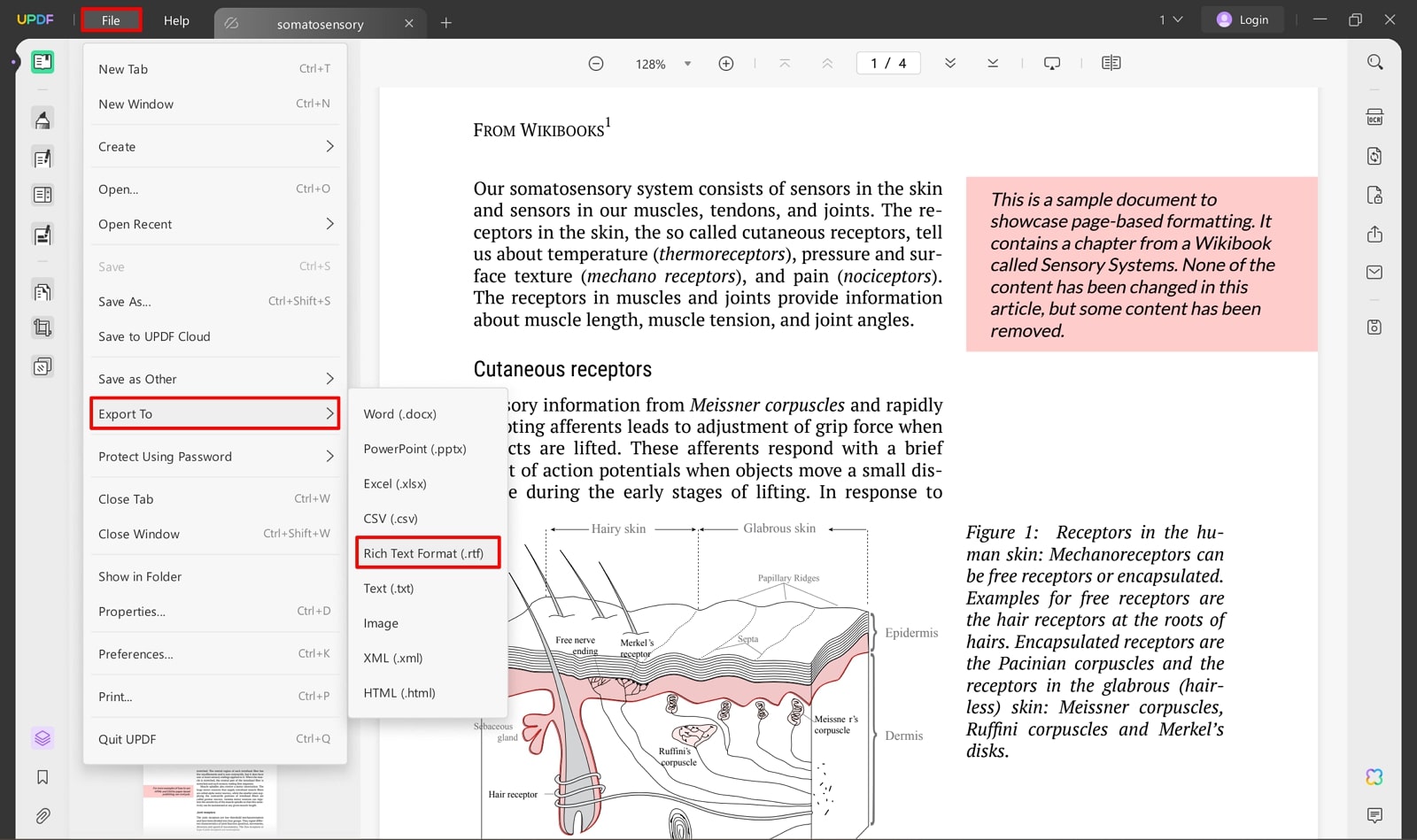 select rtf format to export pdf