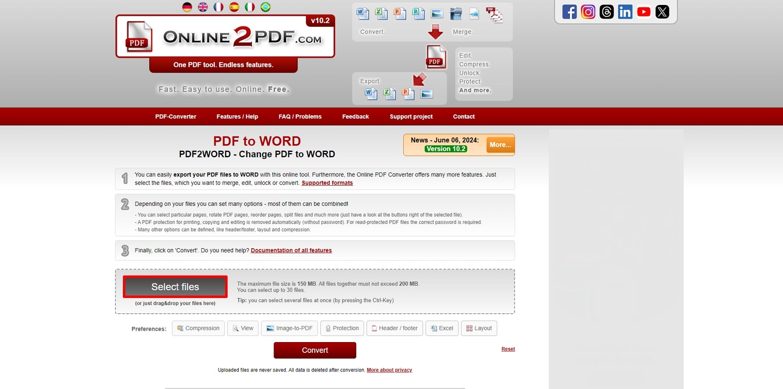 upload file on online2pdf