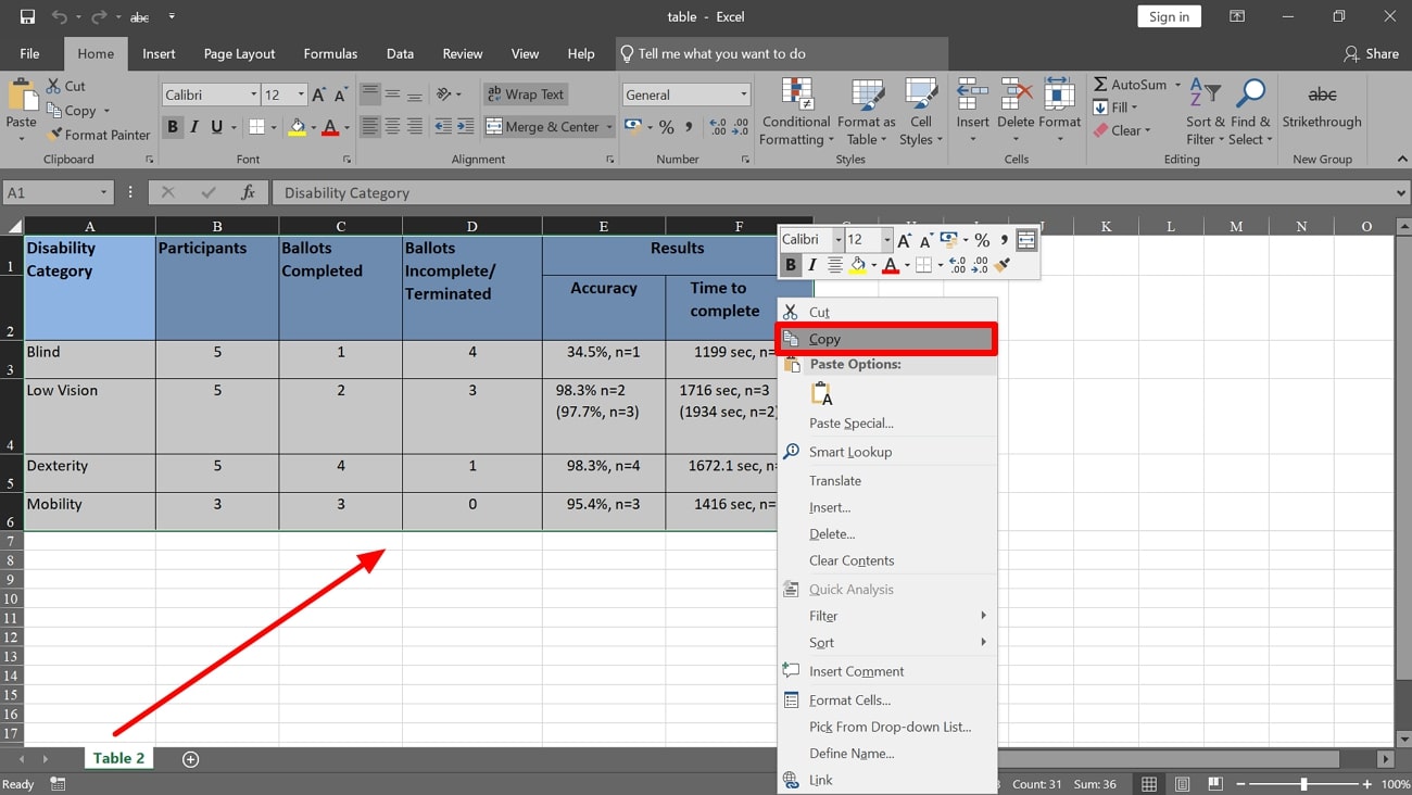 copy the data across ms excel