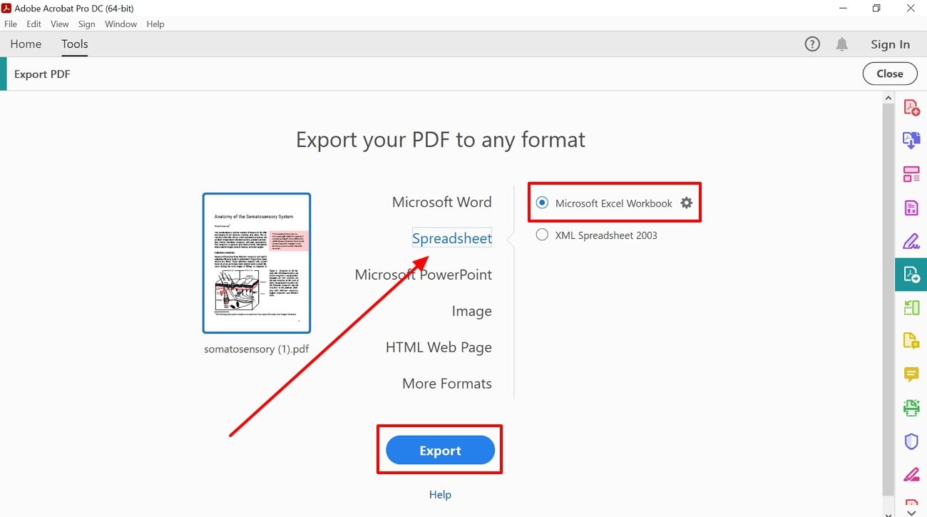 select excel export options acrobat