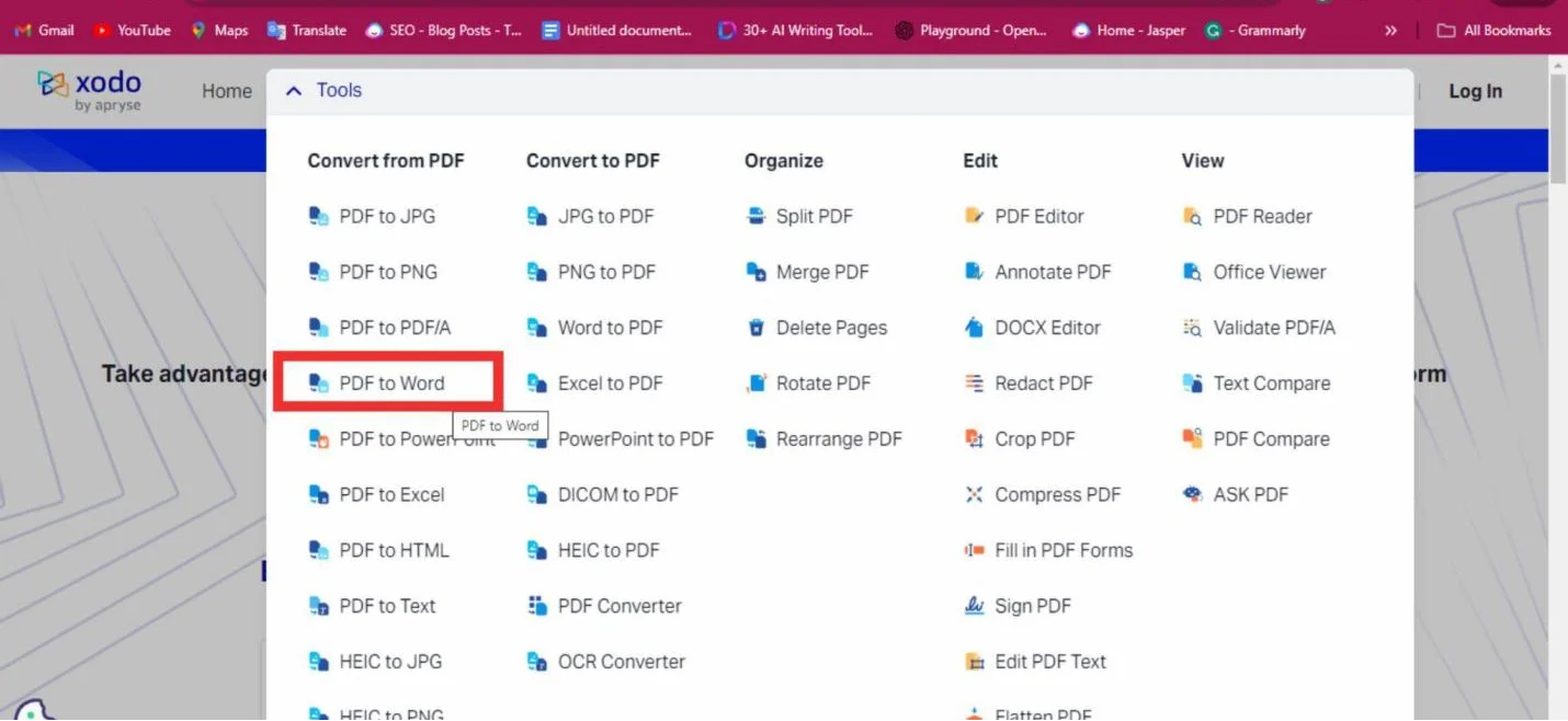 selecting the pdf to word tool