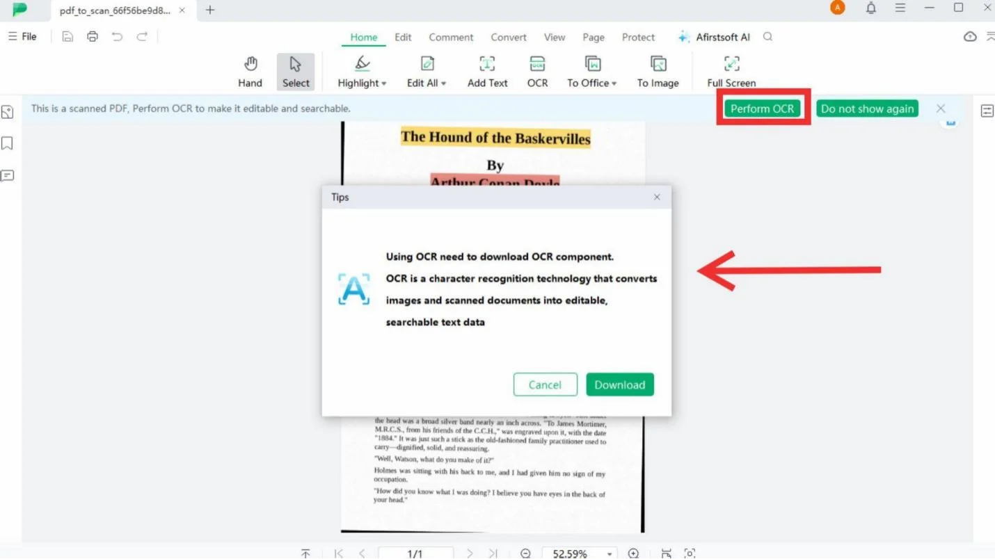 prompts for performing ocr and downloading the ocr component