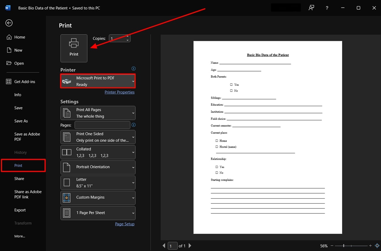 select microsoft print to pdf printer