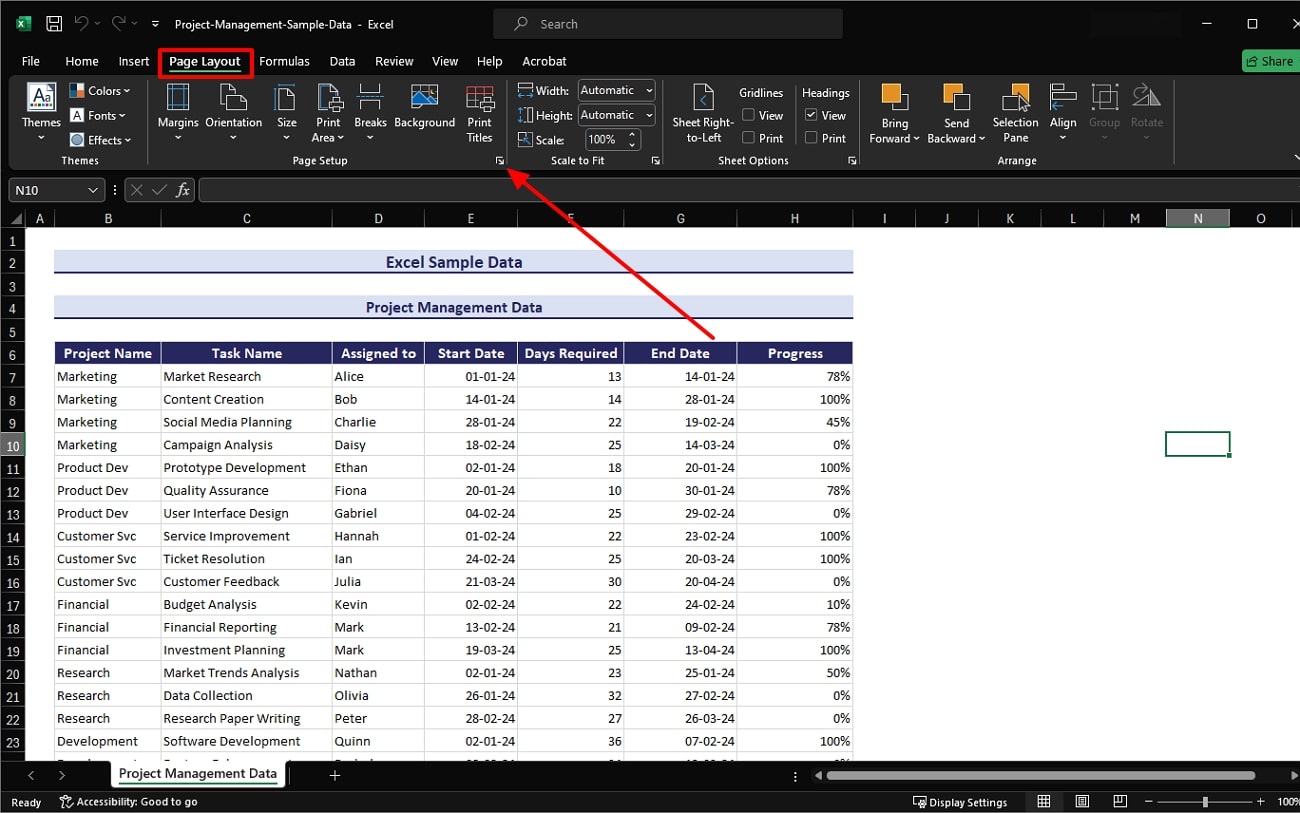 access the page setup settings