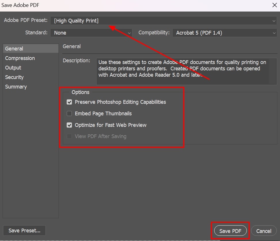 adjust save adobe pdf settings