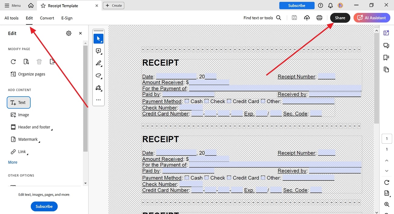 edit receipt on acrobat and share