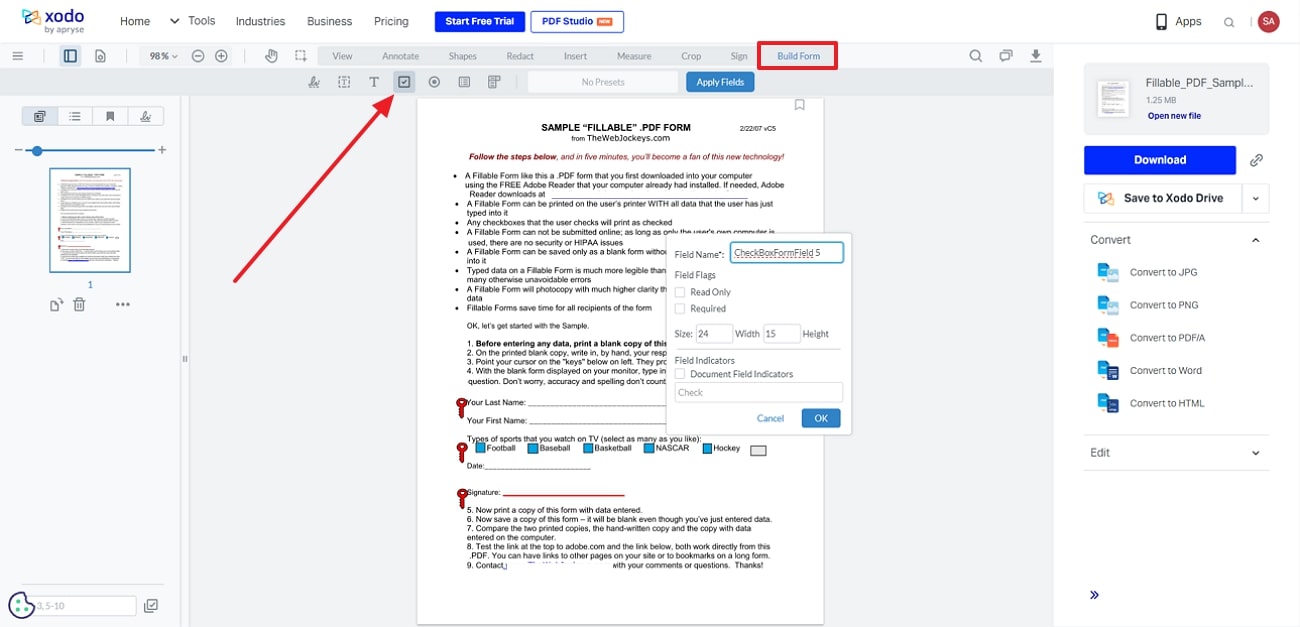 manage check box properties in xodo