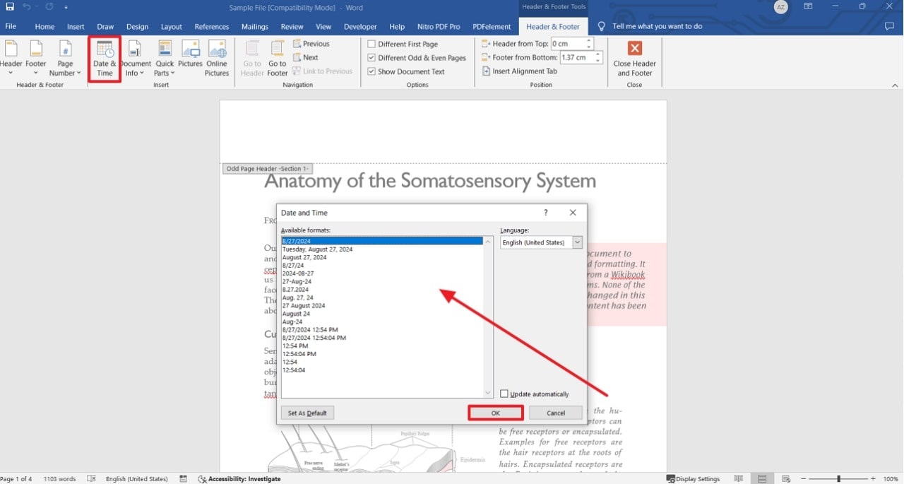 add date across word