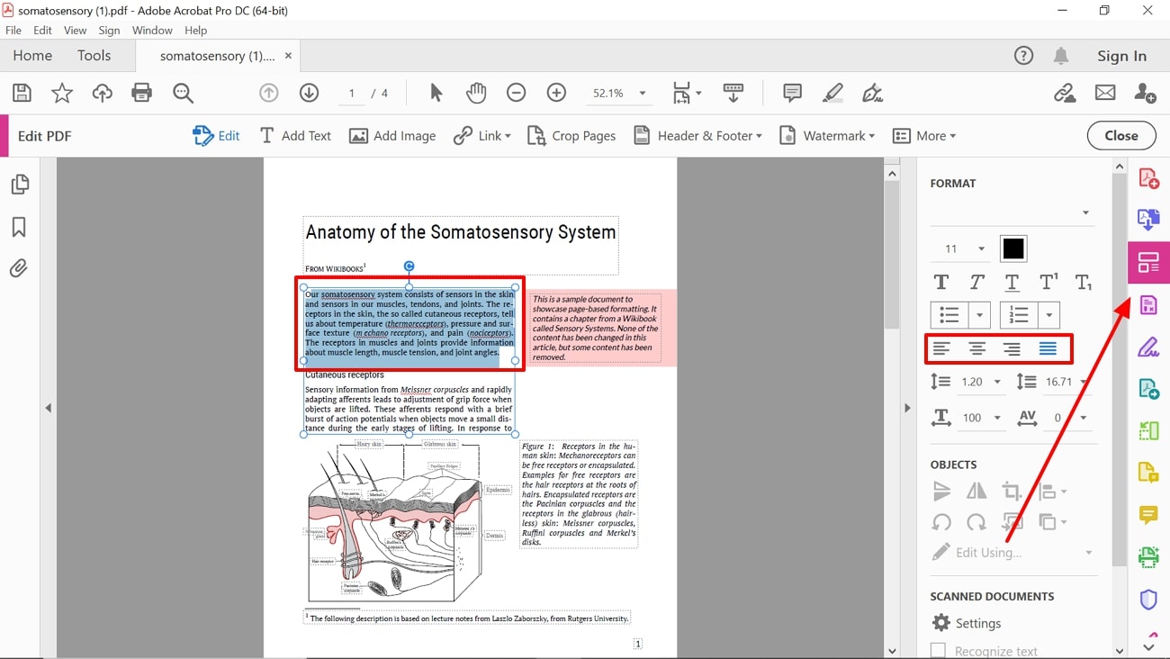 edit text alignment within pdf