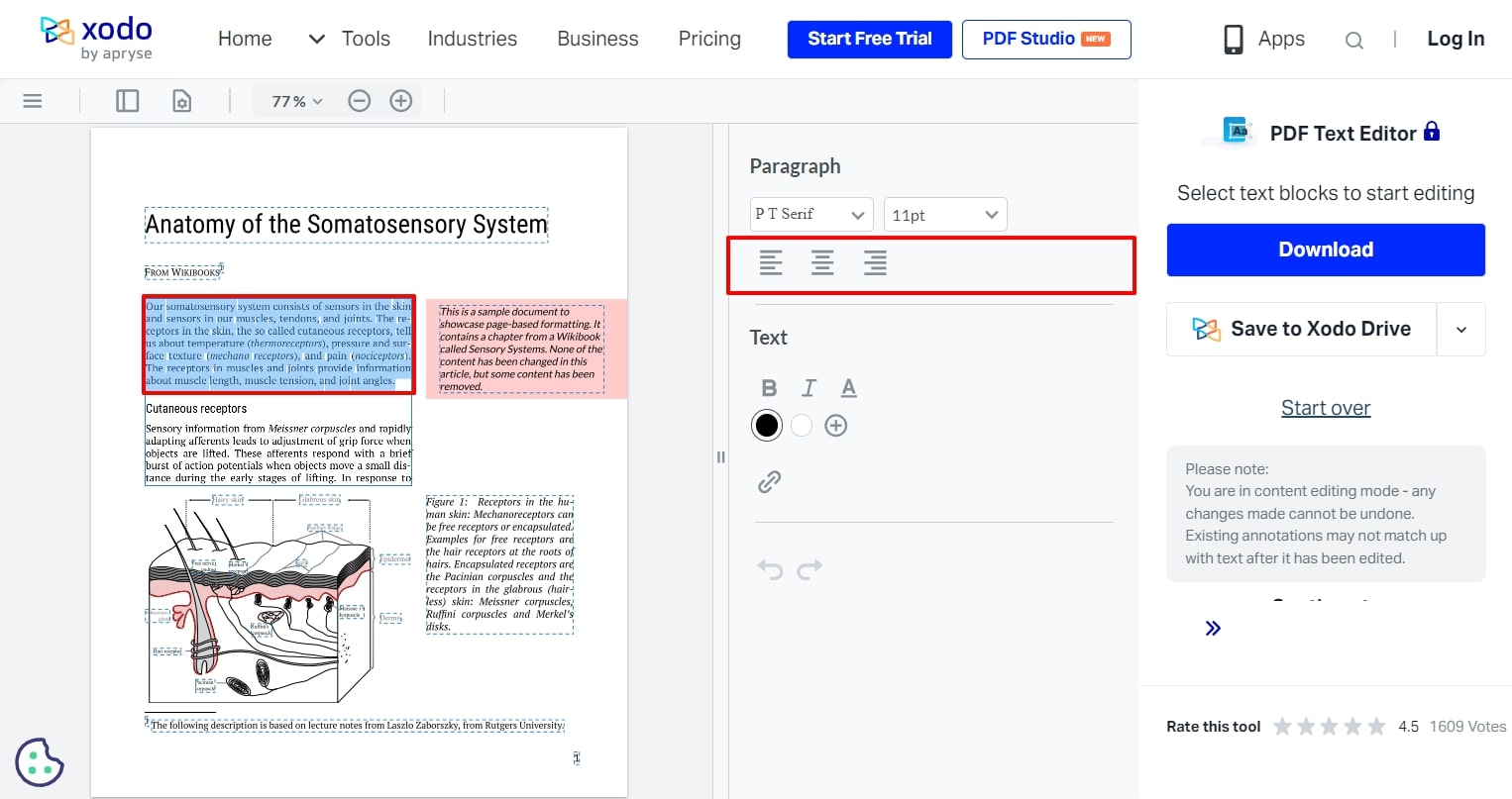 manage alignment of text xodo