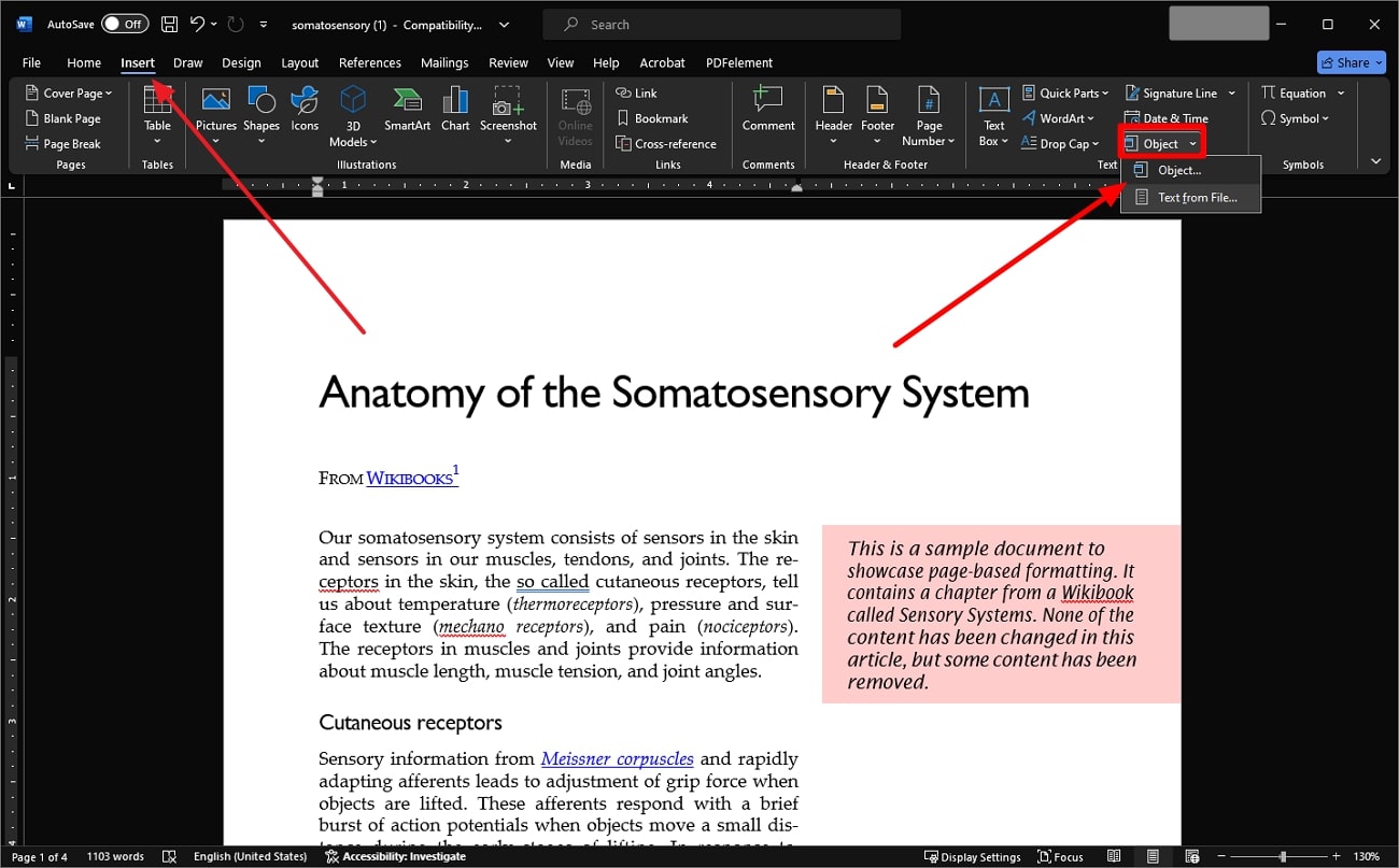 look for object option in word