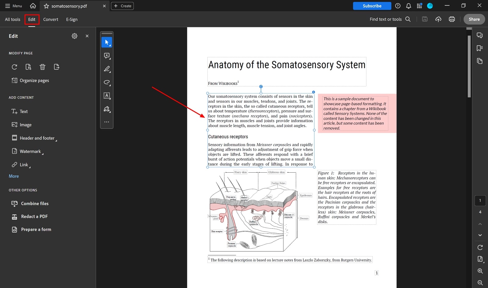 open edit panel acrobat