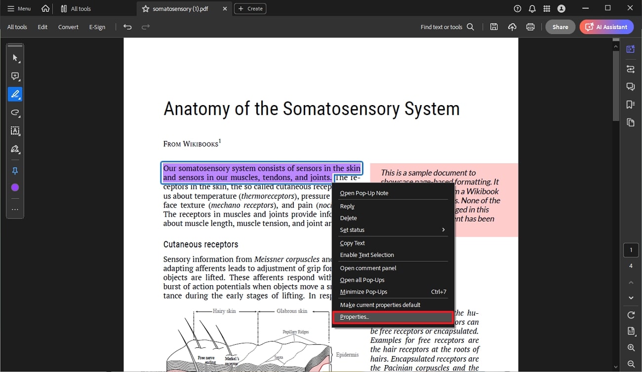 open highlight properties adobe acrobat