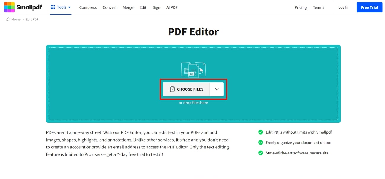 upload pdf document in smallpdf