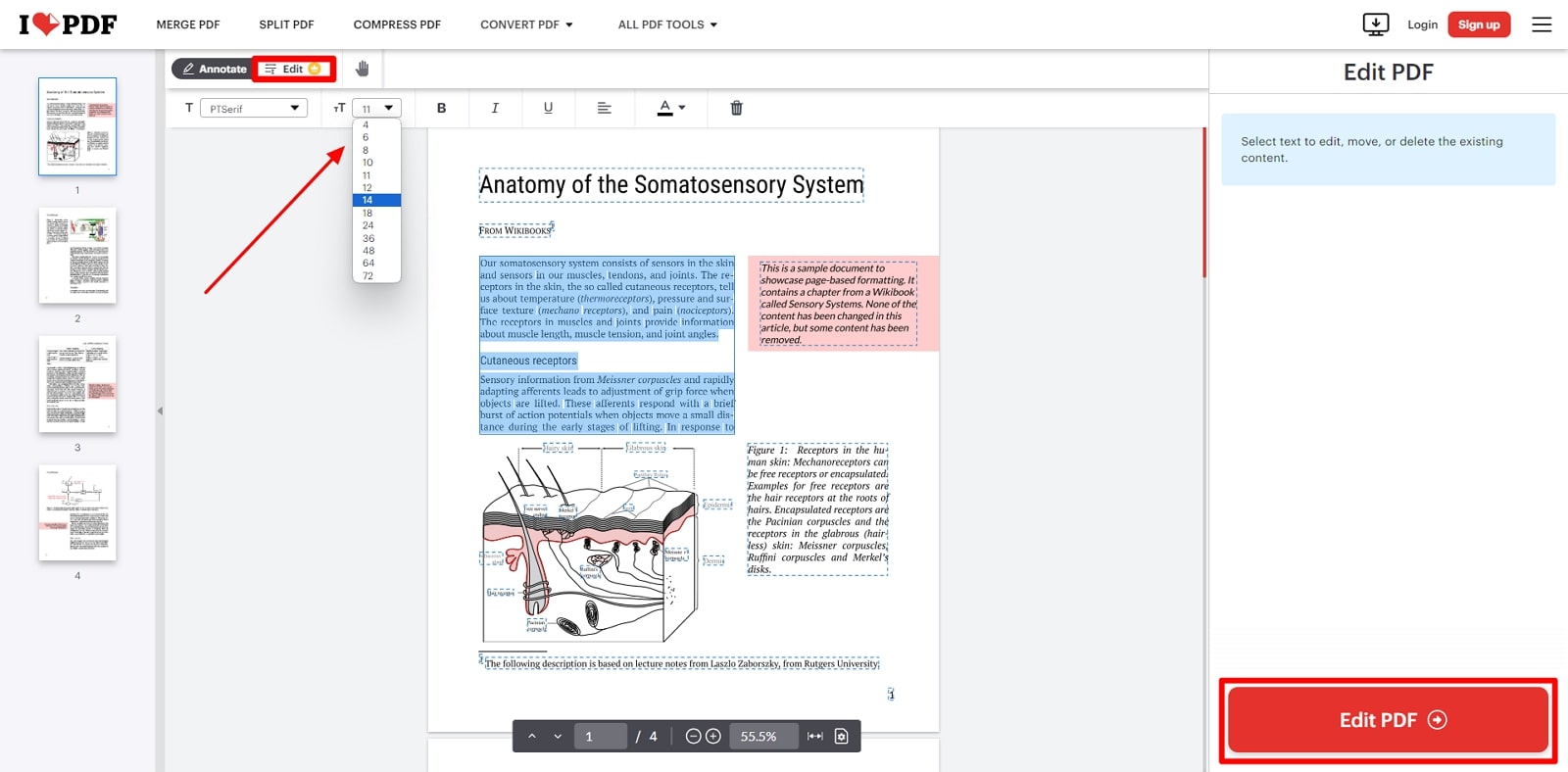 edit pdf text in ilovepdf