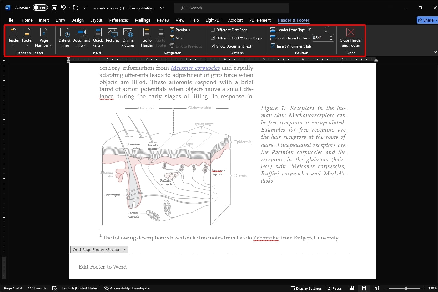 edit header and footer settings word