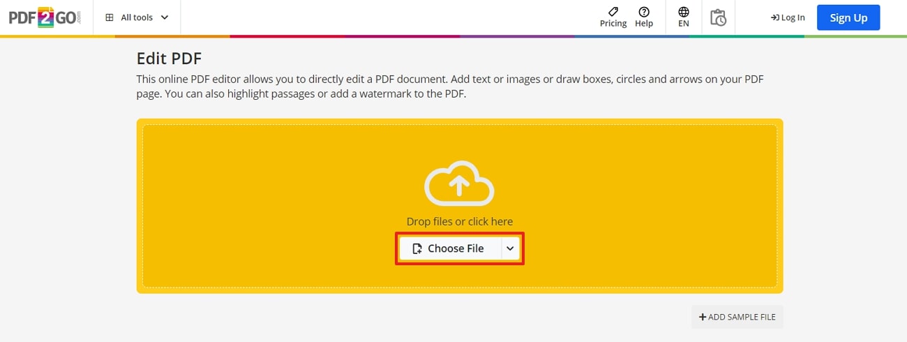 upload pdf across pdf2go edit tool