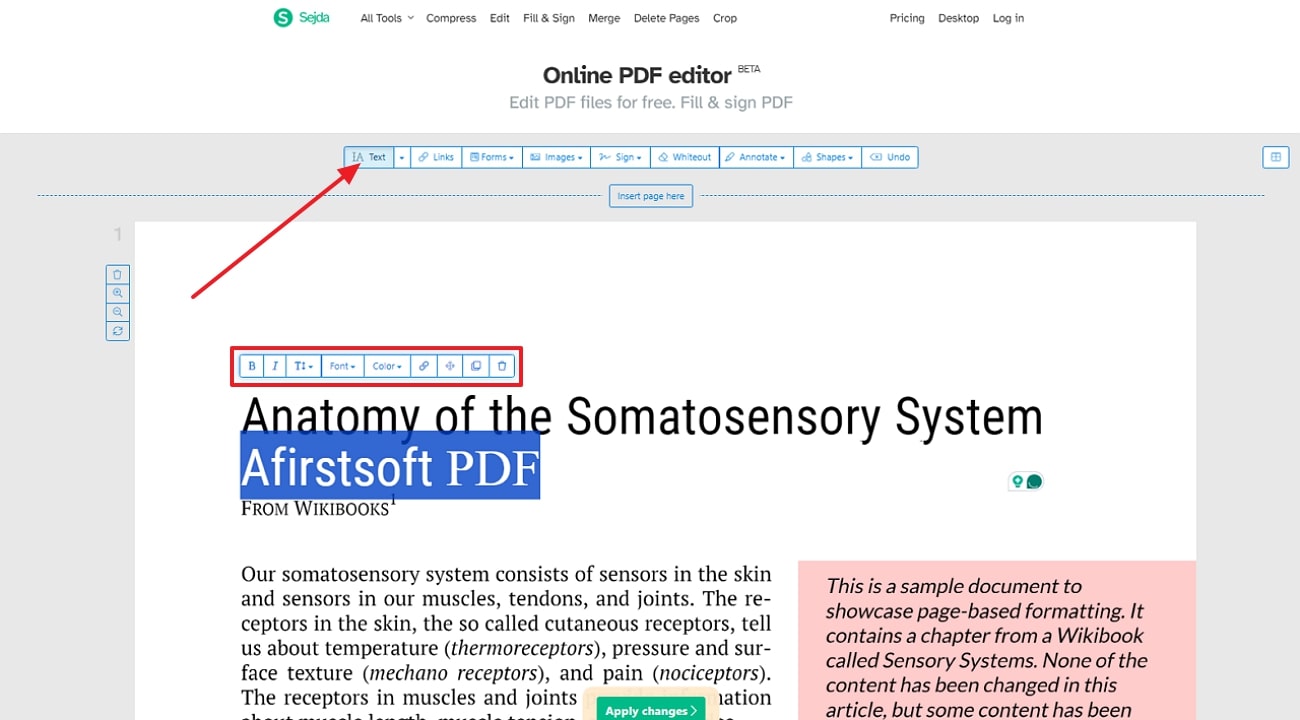 add text into pdf sejda