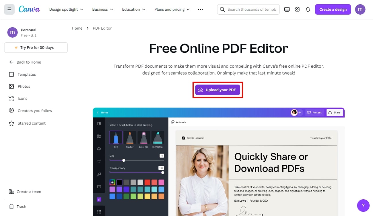 upload pdf using canva