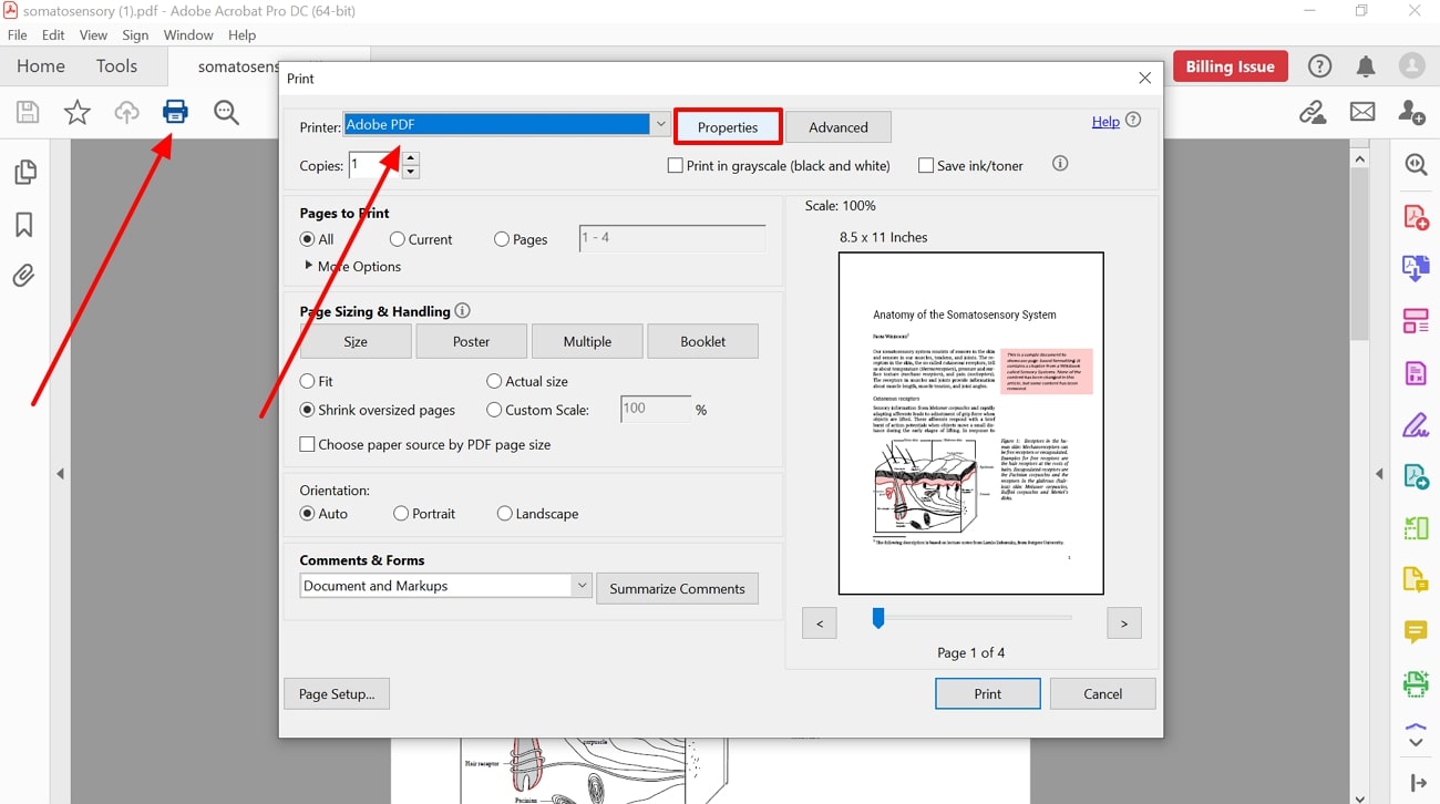 open adobe acrobat print properties