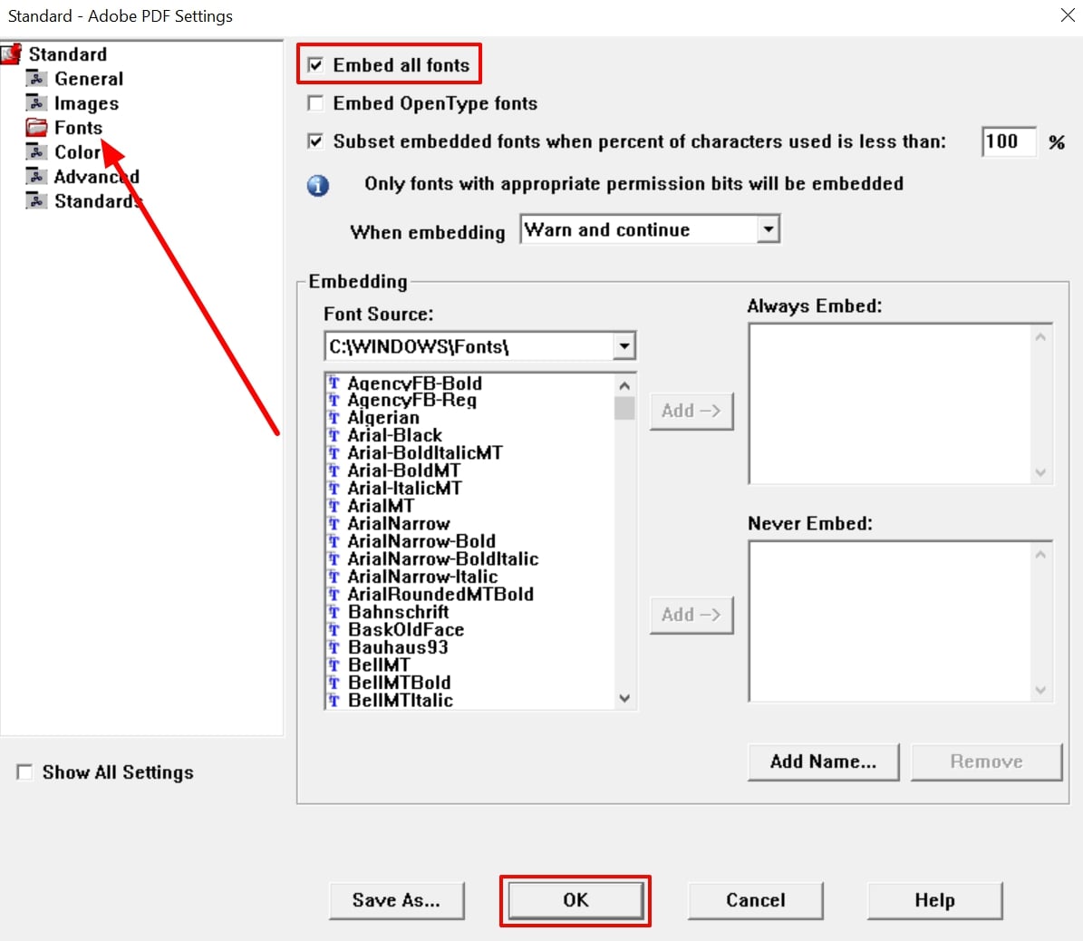 checkmark embed fonts option acrobat