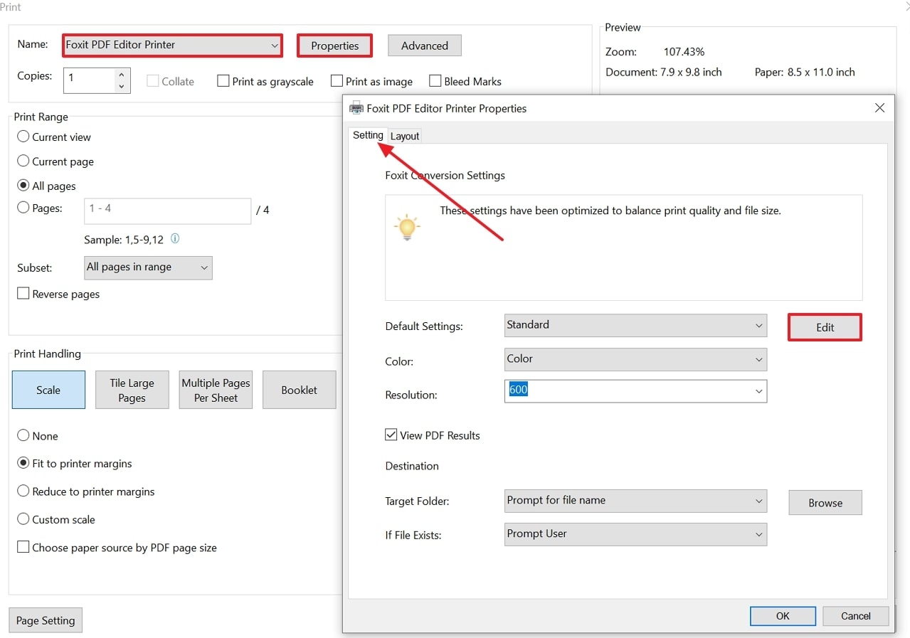 access printing settings foxit