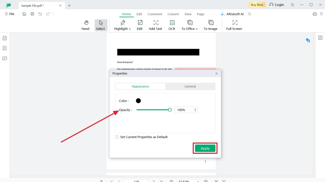 change opacity settings and redact