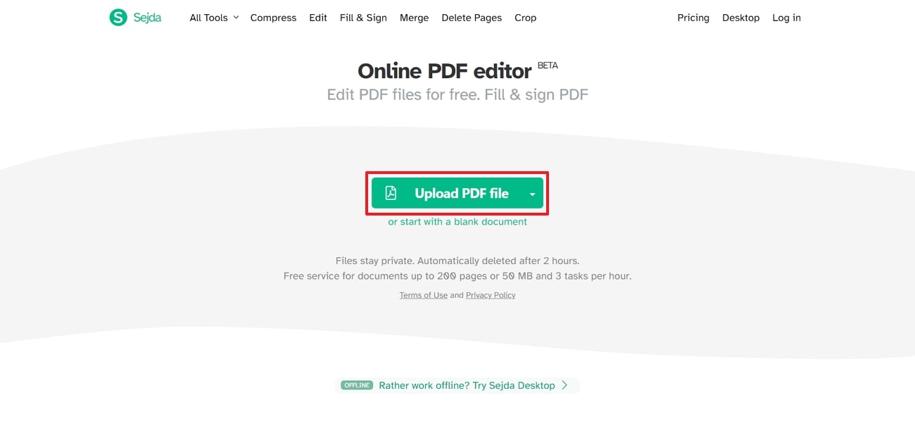 upload pdf document across sejda