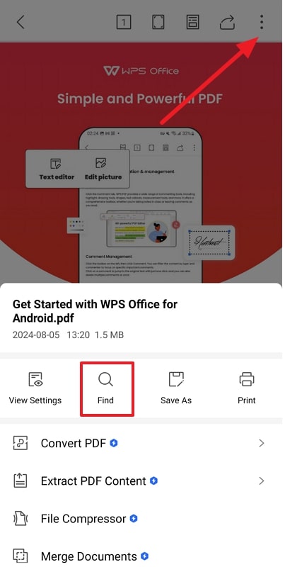 locate the find feature in wps